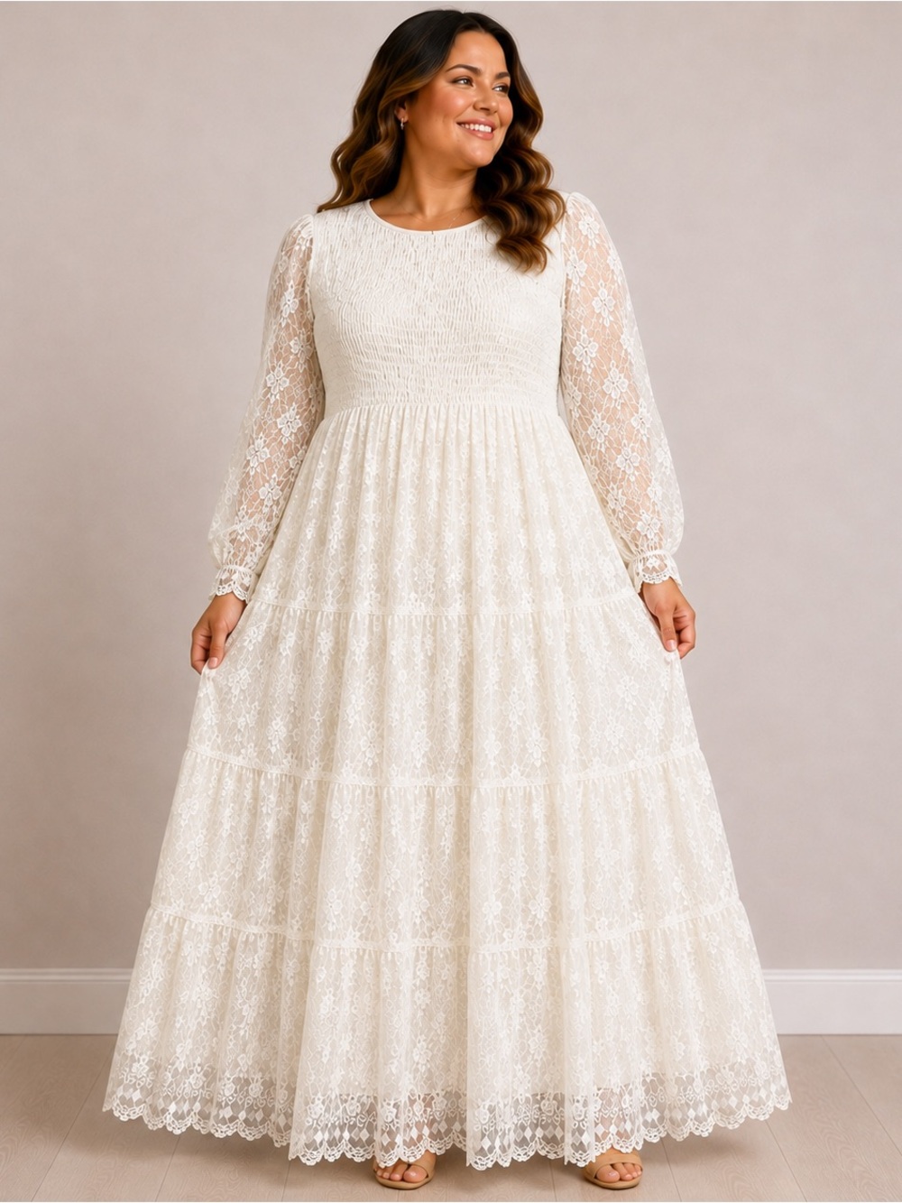 The White Long Sleeve Smocked Lace Maxi Dress 2X White LDS Temple dress Worn twi